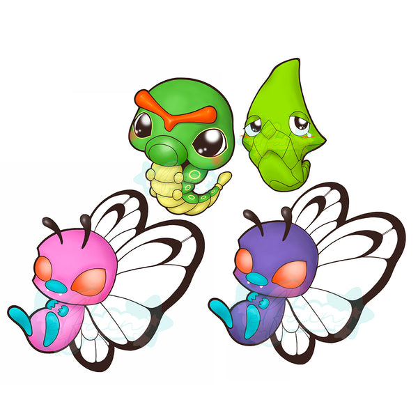 Cute Caterpie, Metapod, Butterfree and pink Butterfree PACK  illustration digital download