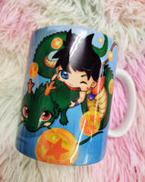 Baby Goku riding on Shenlong mug taza